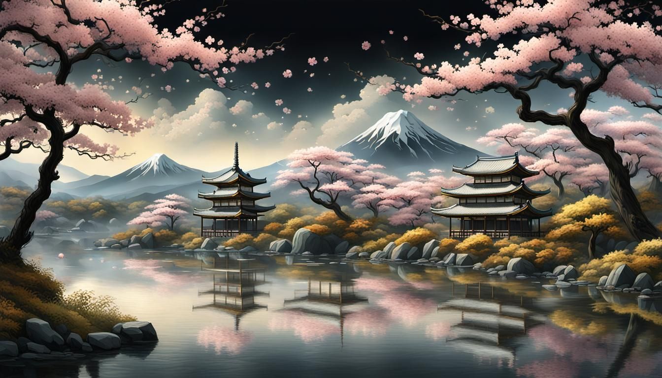 Transparent Japanese Landscape with Cherry Blossoms