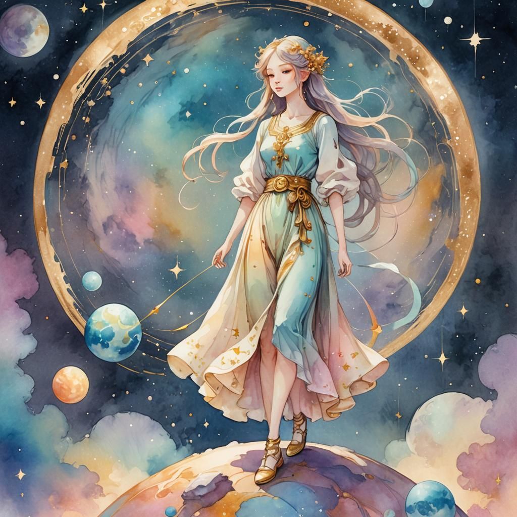 Ethereal Libra Woman on Scale Planet Watercolor