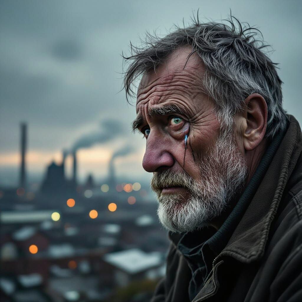 Weary Old Man Gaze Over Industrial Town