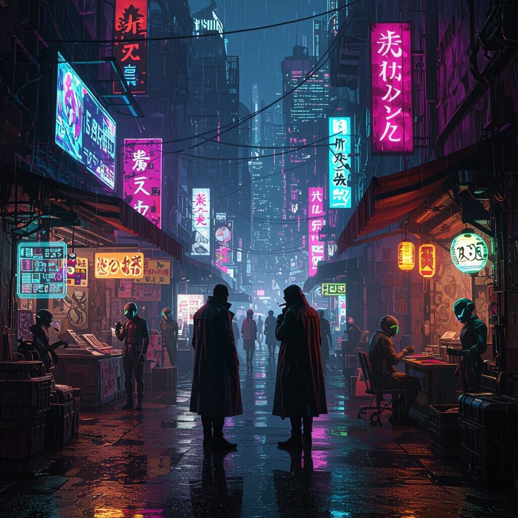 Cyberpunk Marketplace at Night in Blade Runner Style