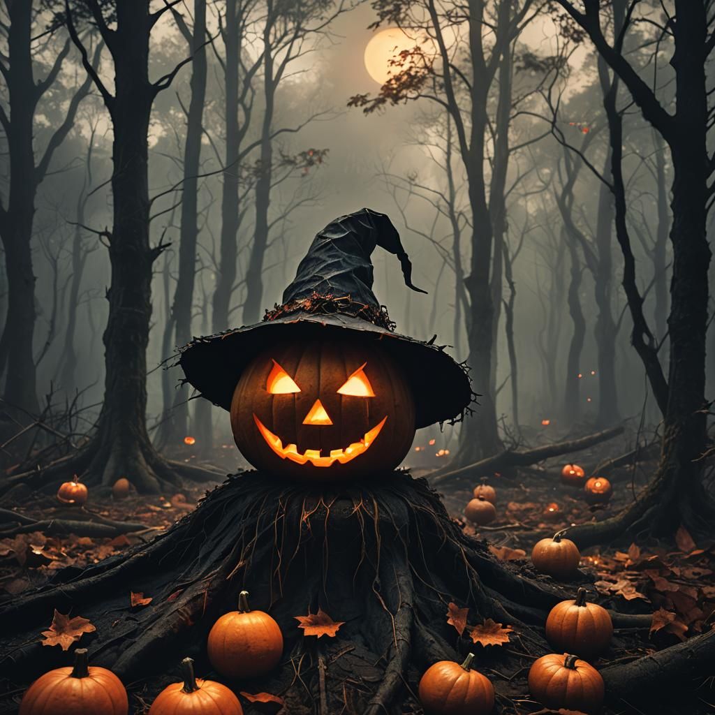 Red-Eyed Jack-O'-Lantern in Mystical Forest