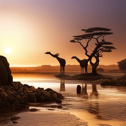African Sunset at Watering Hole: Matte Painting