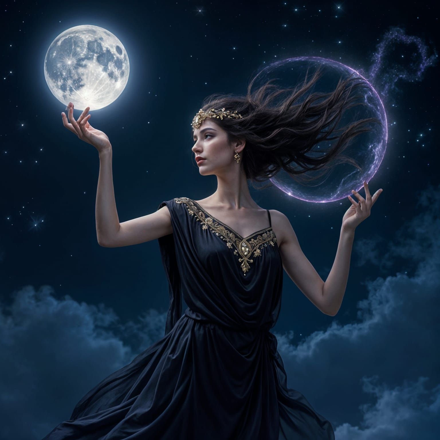 Goddess Nyx Soars by Moonlight in Ethereal Glory
