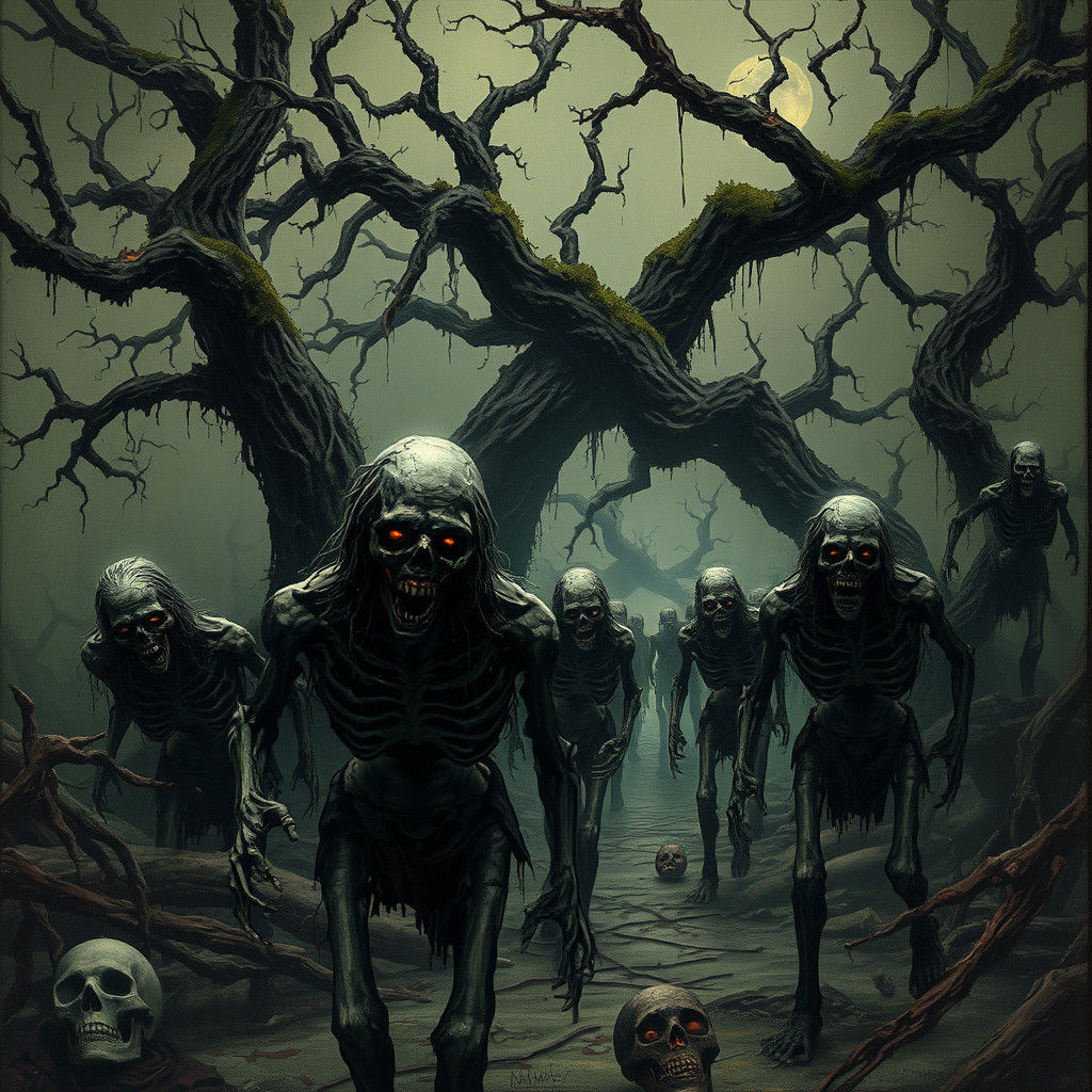 Eerie Living Dead Scene in Gothic Illustration Style