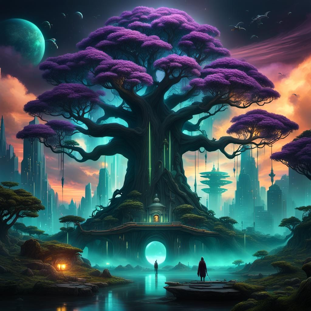 Futuristic Magic City on Giant Tree, Fantasy Concept Art