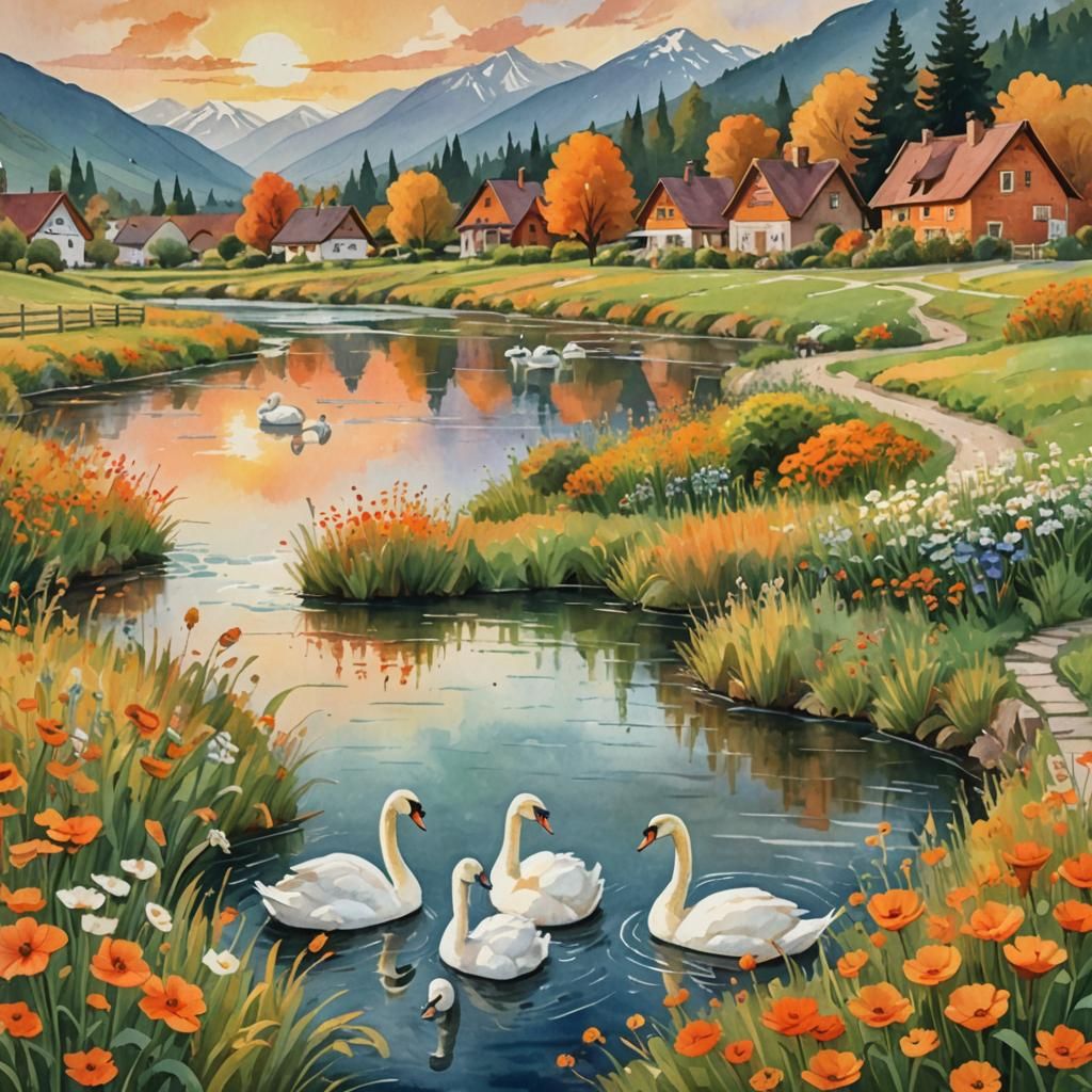 Swans in River: Gouache Impressionist Masterpiece