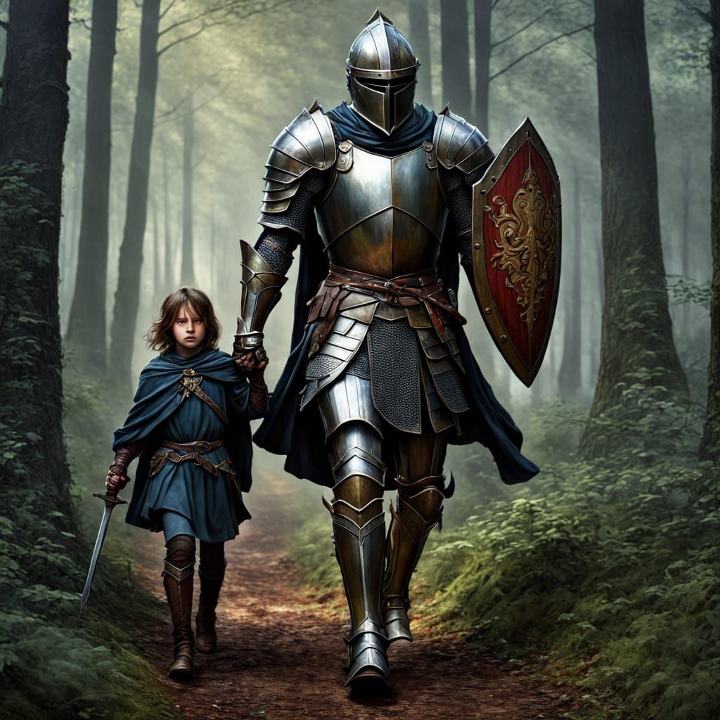 Medieval Knight Escorts Young Boy Through Mystical Forest