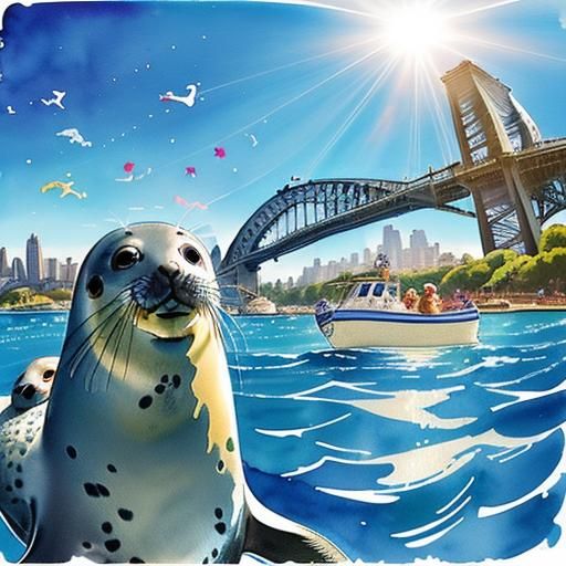 Playful Seals Photobomb Sydney Harbour in Watercolor