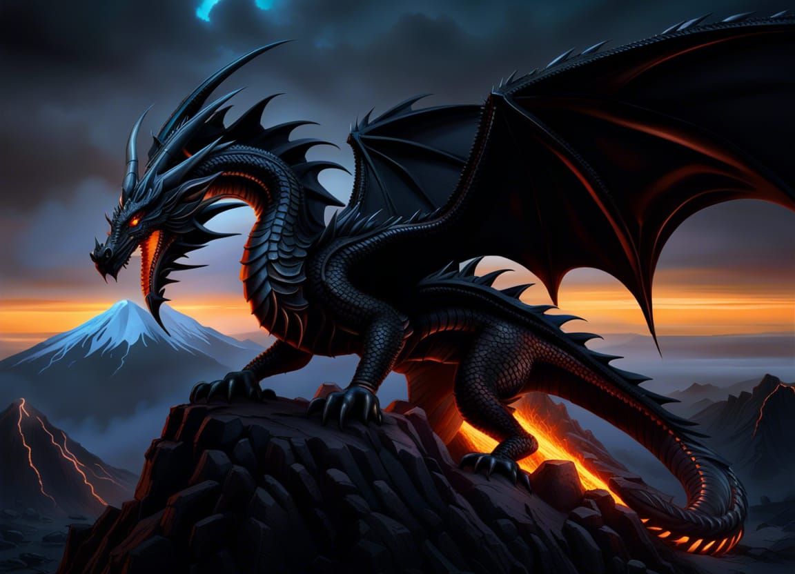 Obsidian Dragon on Volcano at Night