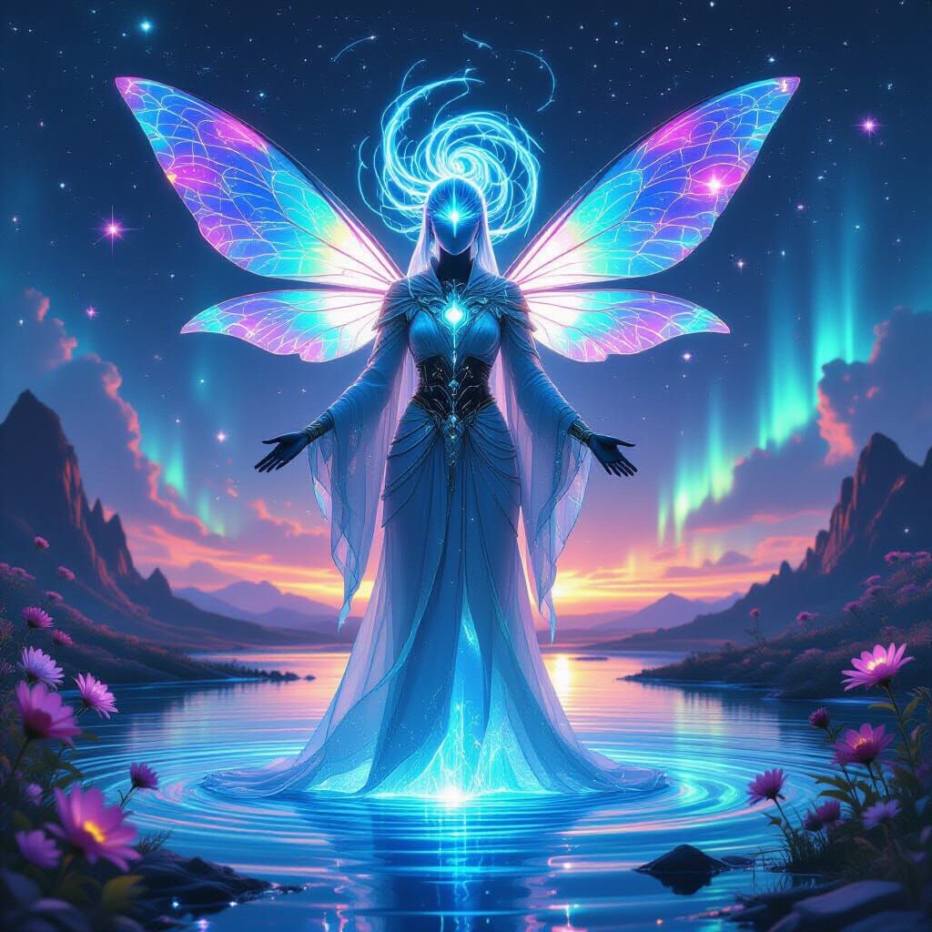 Interdimensional Oracle Above Crystal Lake in Surreal Style