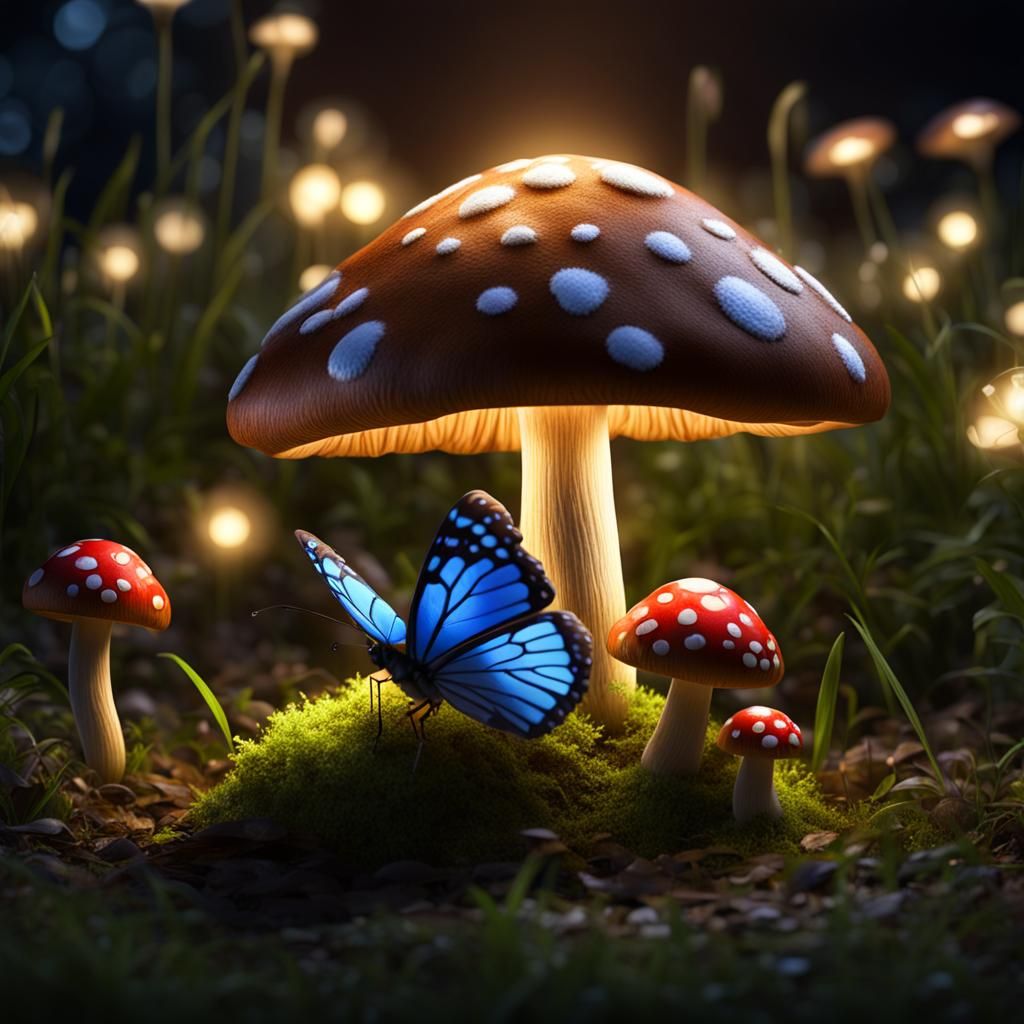 Glowing Mushroom and Butterfly in Night Garden