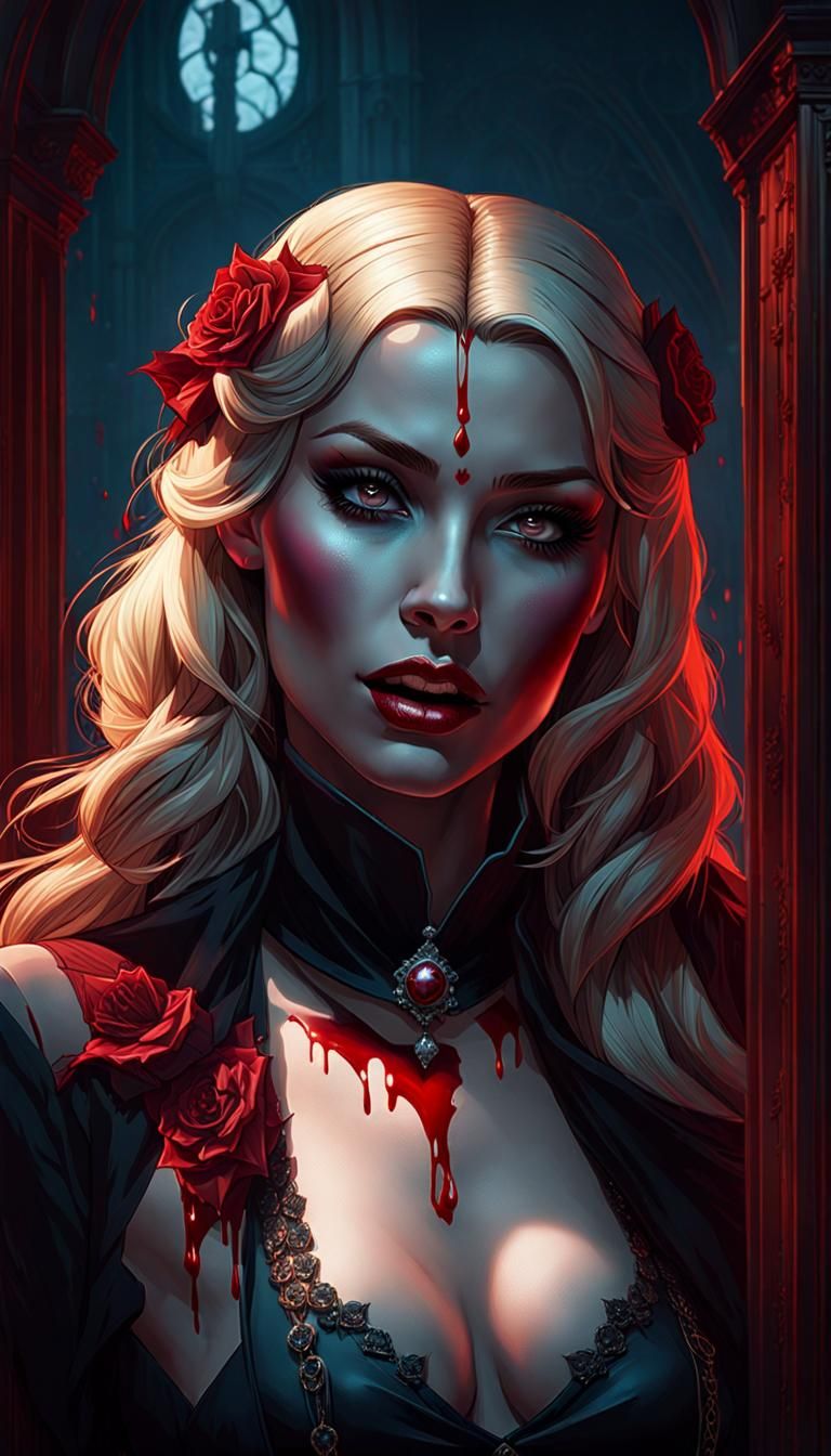 Blonde Vampire Pinup Portrait in Art Nouveau Style