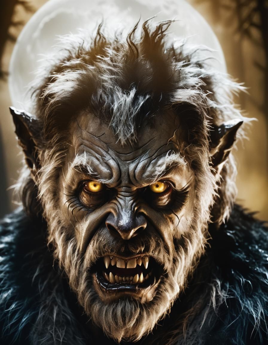 Dramatic Wolfman Portrait in Dark Forest