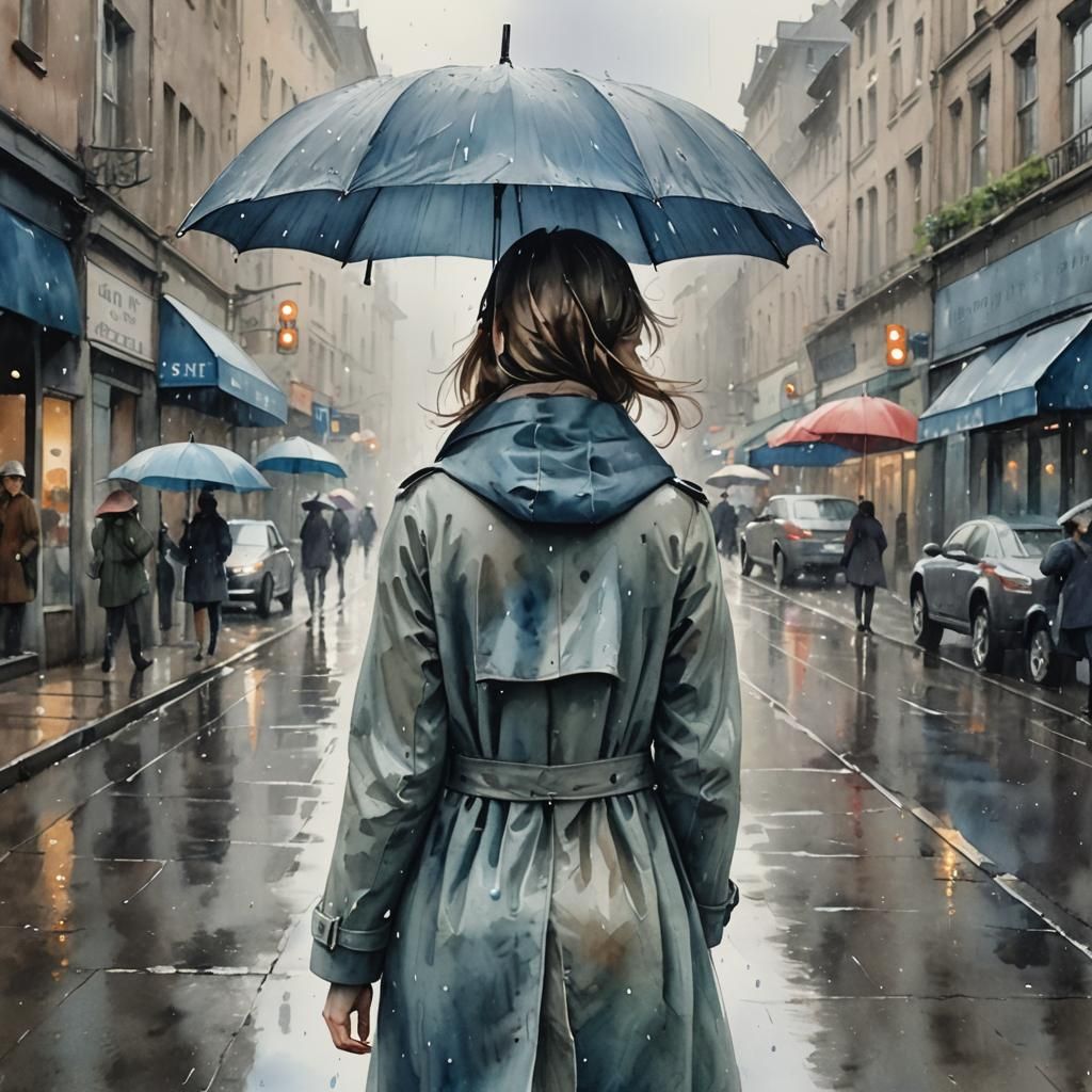 Girl with Umbrella in Rainy City, Watercolor Style