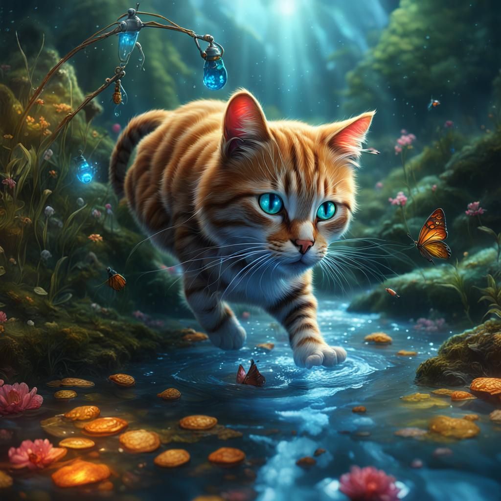 Ethereal Cat Fishing: 3D Fantasy Art