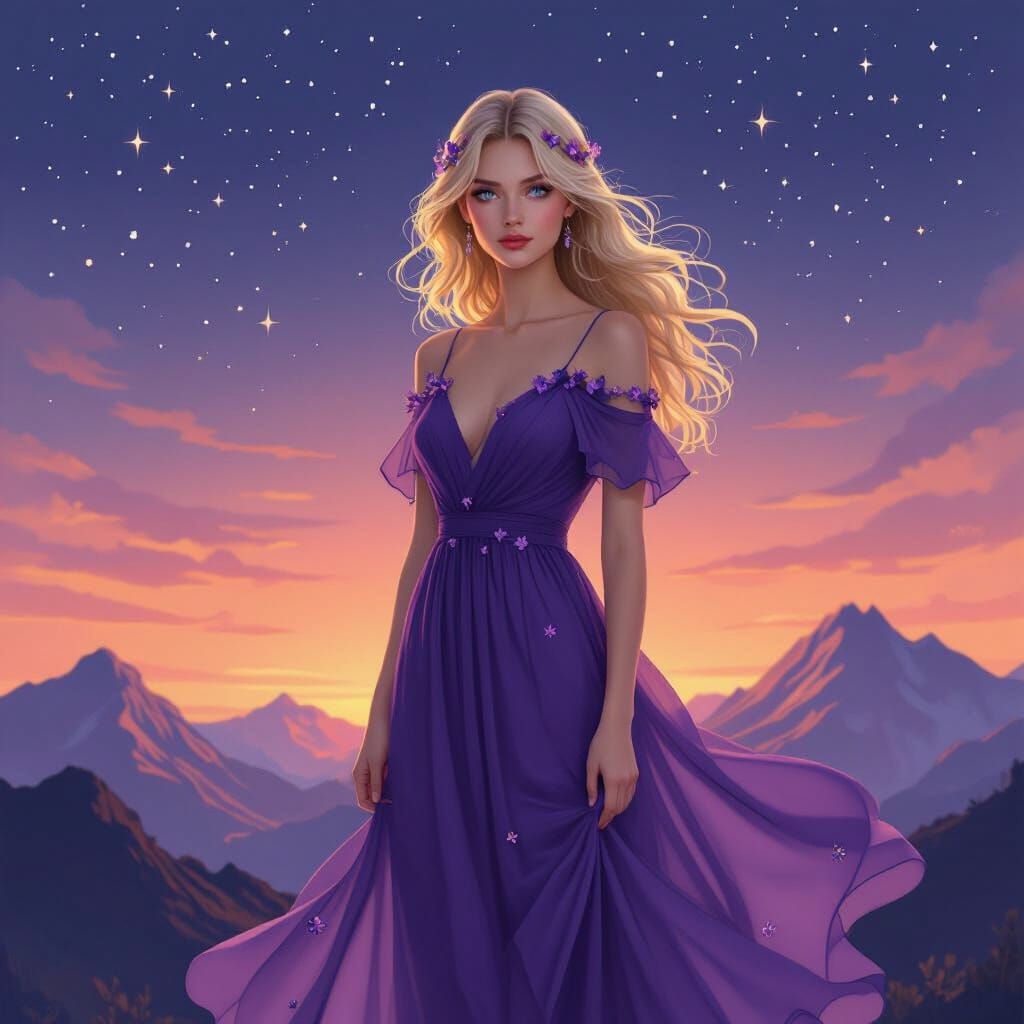 Ethereal Woman in Purple Dress Under Starry Sky