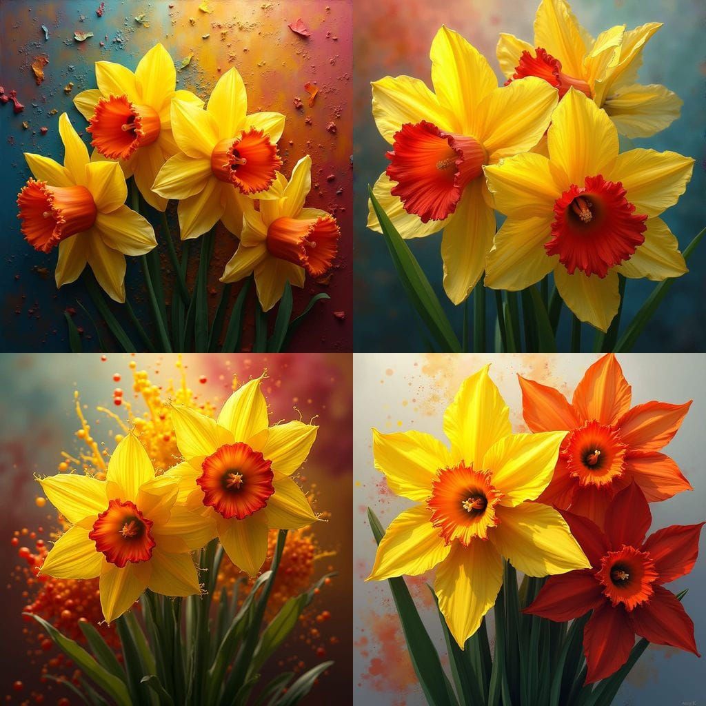 Vibrant Yellow and Red Daffodils in Dramatic Splash Art