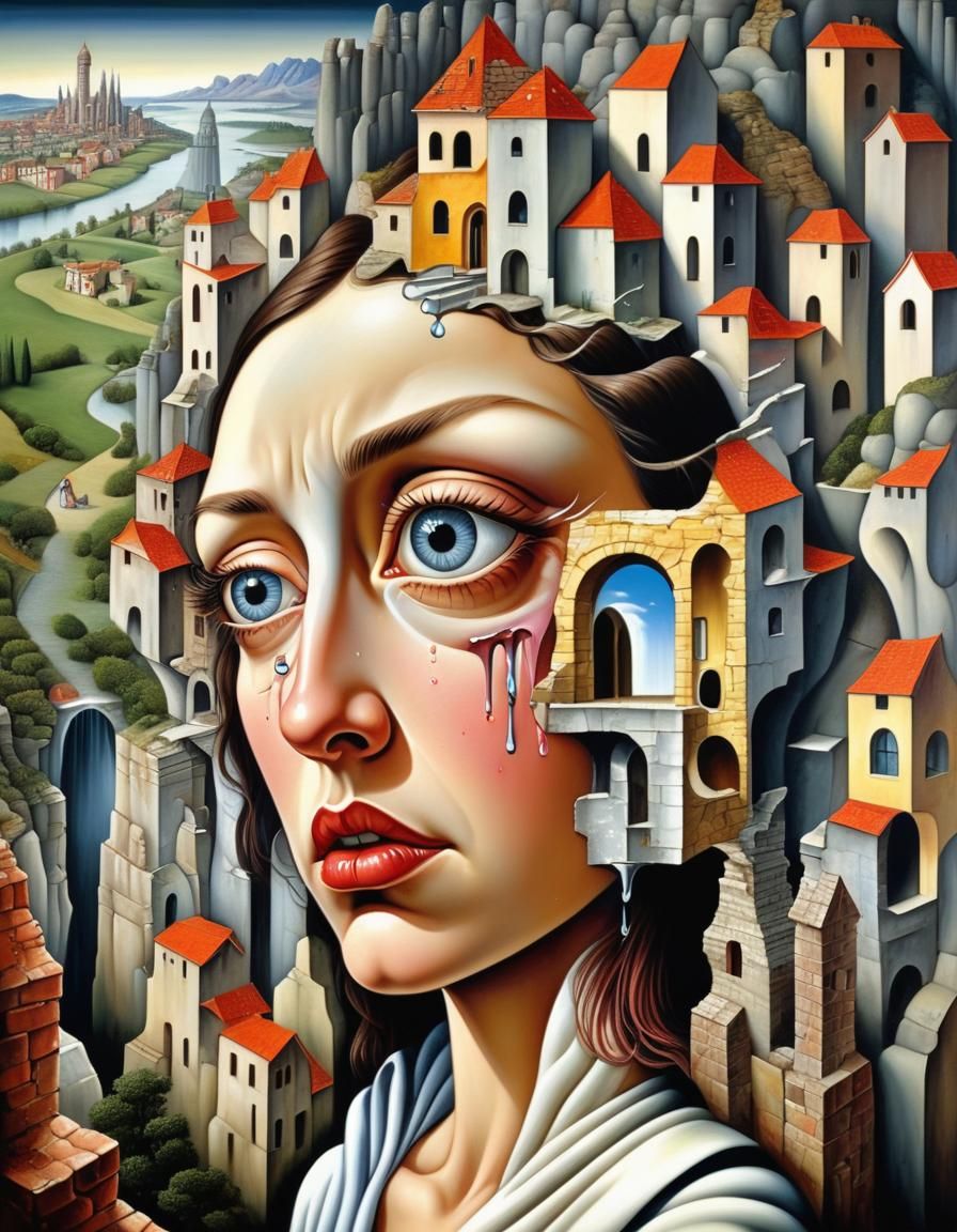 Surrealist Tears of Lot's Wife in Ruined Cityscape