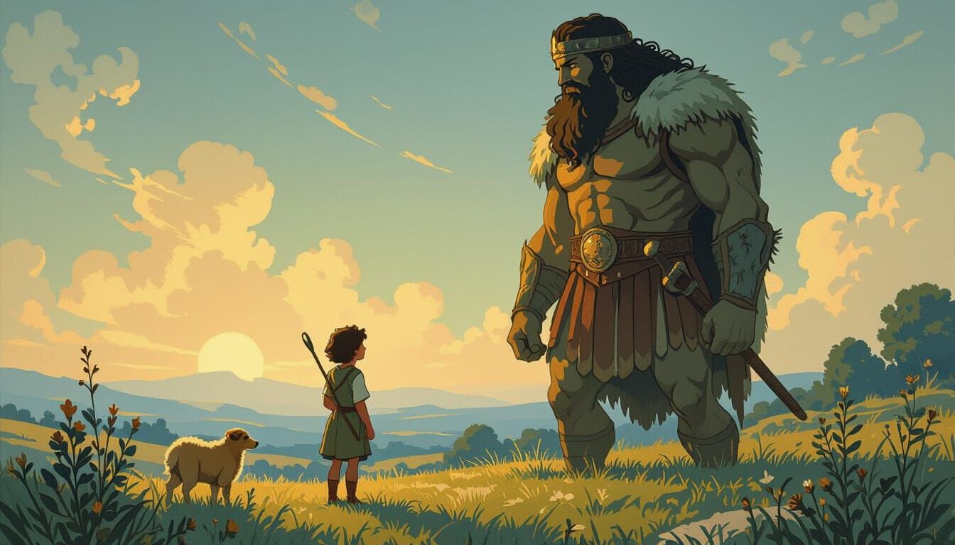 David Bravely Faces Goliath in Pastel Storybook Style