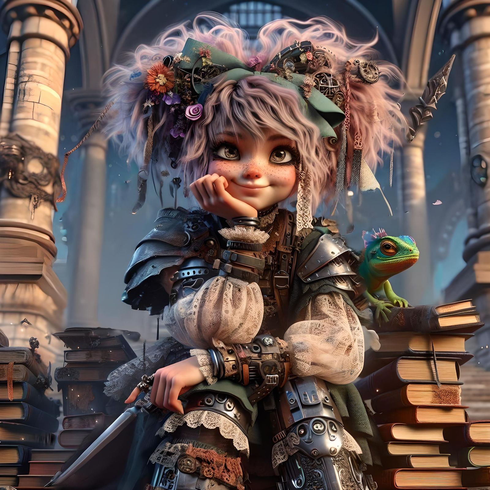 Whimsical Girl on Books in Enchanted Library
