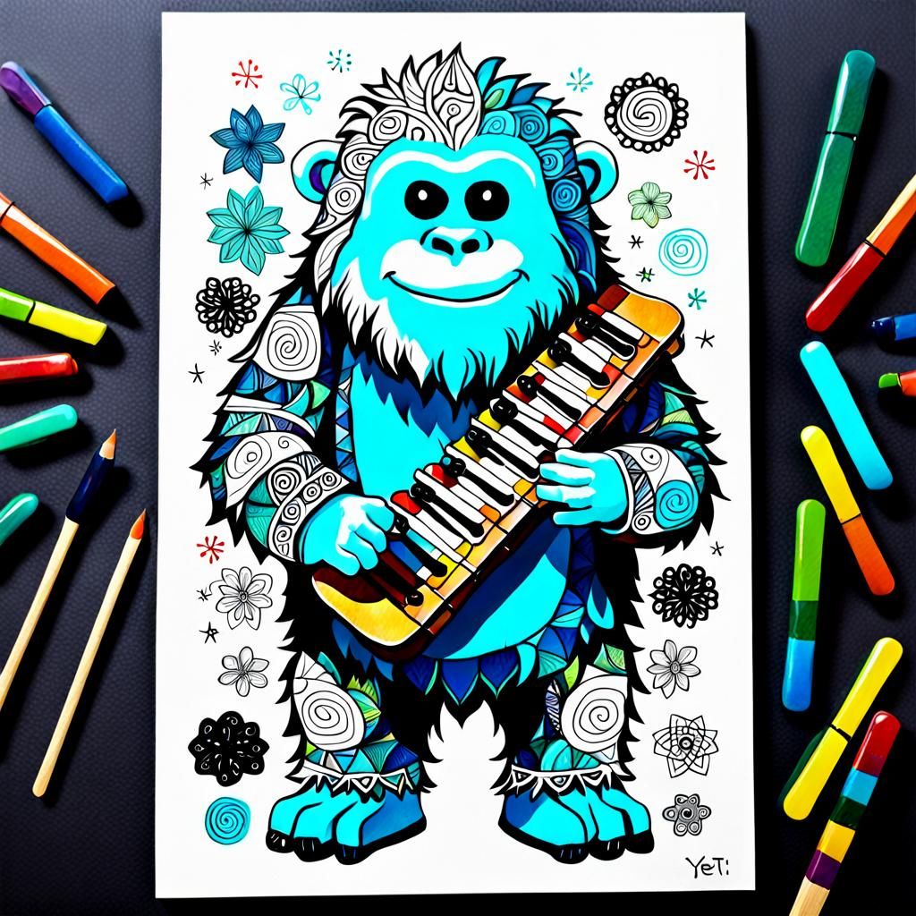 Yeti Plays Xylophone as Zentangle Illustration