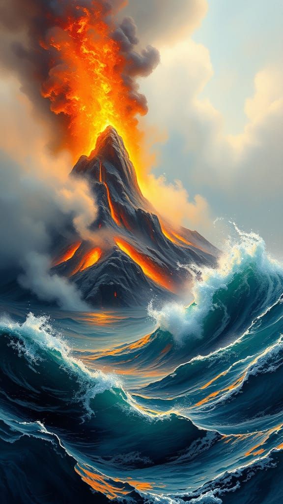Majestic Vulcan Rising from the Turbulent Waves in a Dramati...