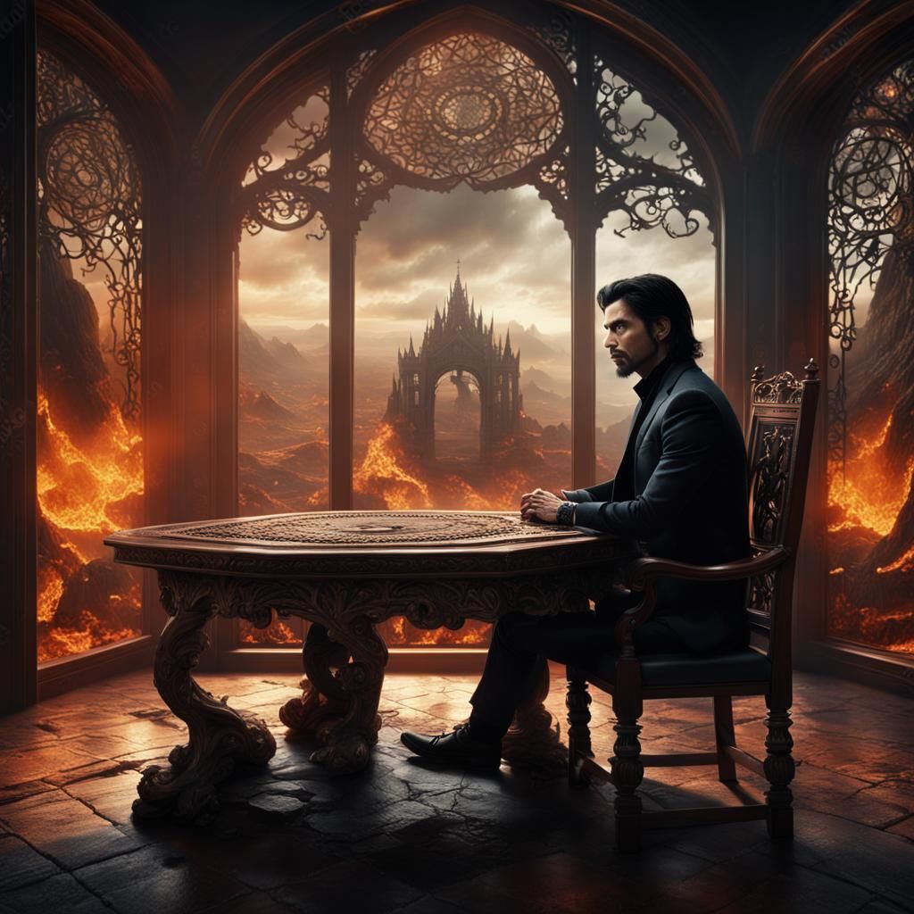 Demonic Man at Table with Hell View