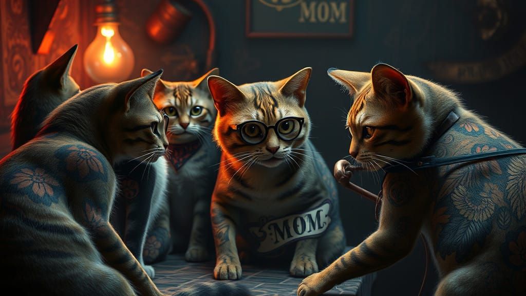 Cats Gather Around Feline Friend Getting Tattoo in Mystical...