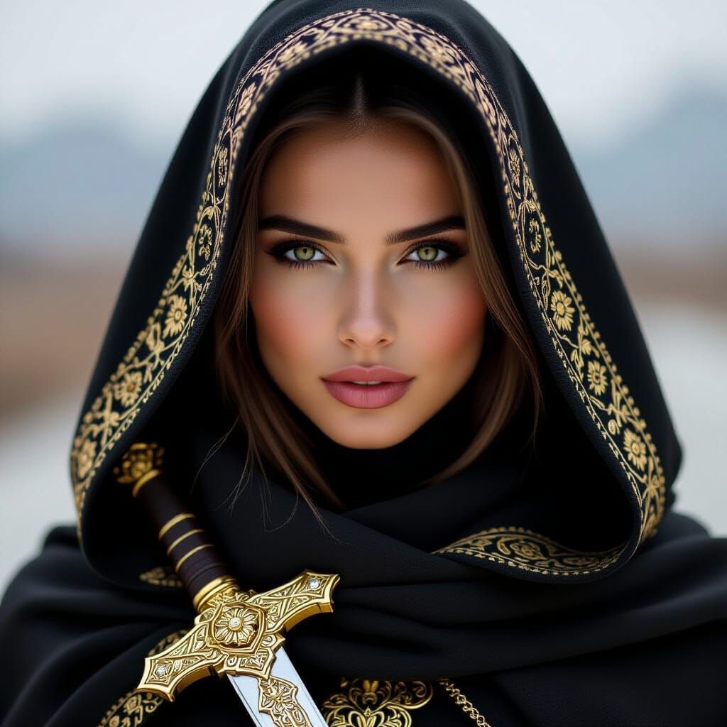 Warrior Woman With Ornate Sword and Gold Accents