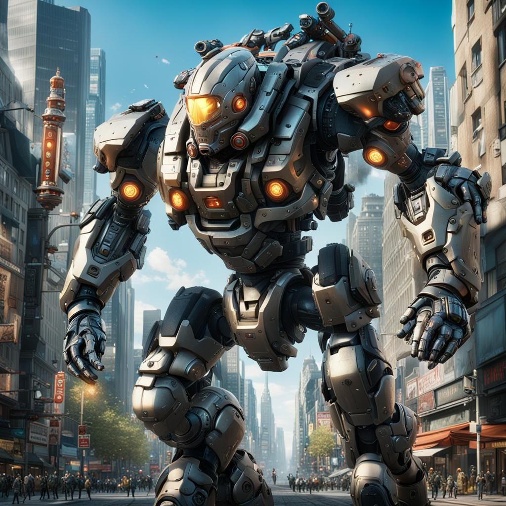 Cyborg Soldiers Patrol Ruined City in Photorealistic Style