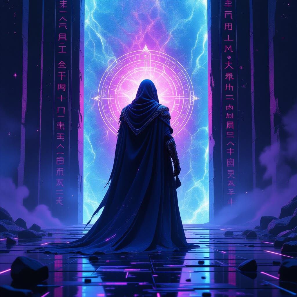 Cosmic Alien Warlock Before Shimmering Portal