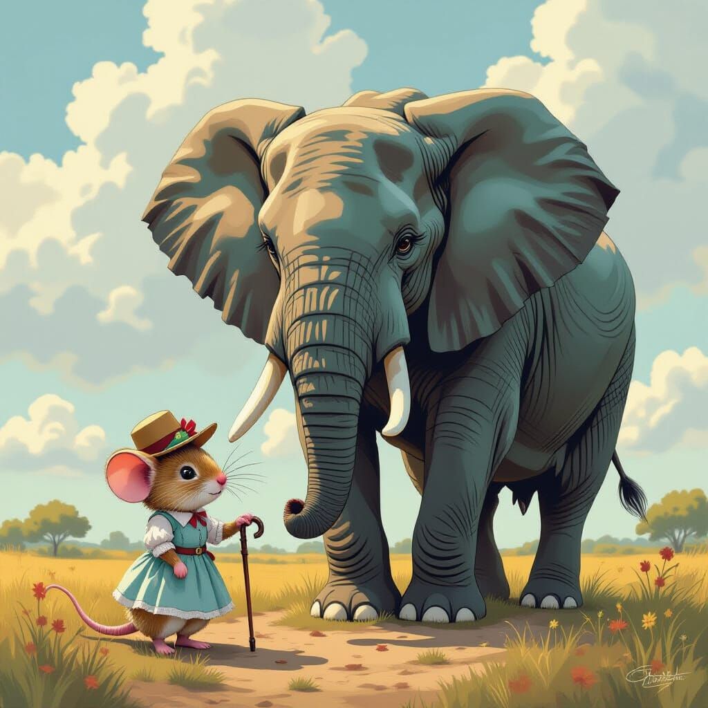 Whimsical Mouse Meets Giant Elephant with Vibrant Textures