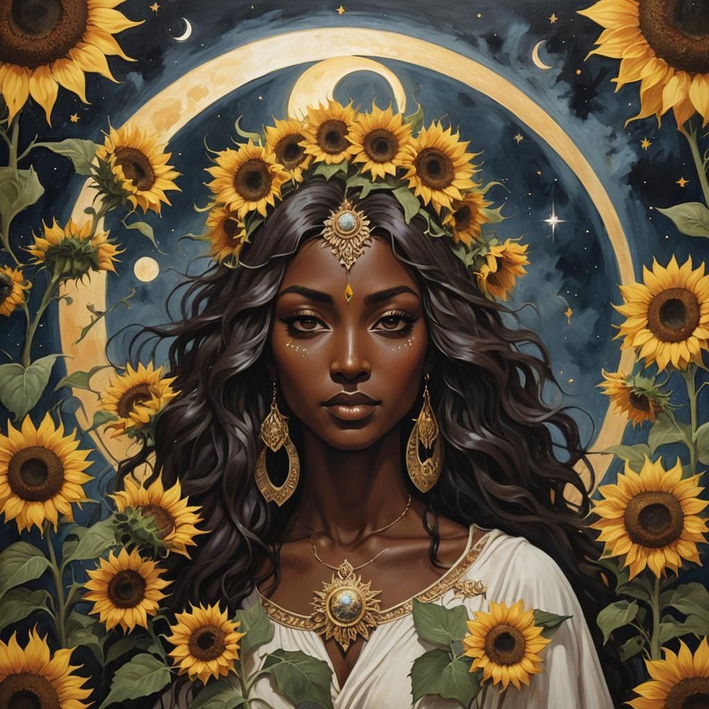 Celestial Moon Goddess with Sunflowers Painting
