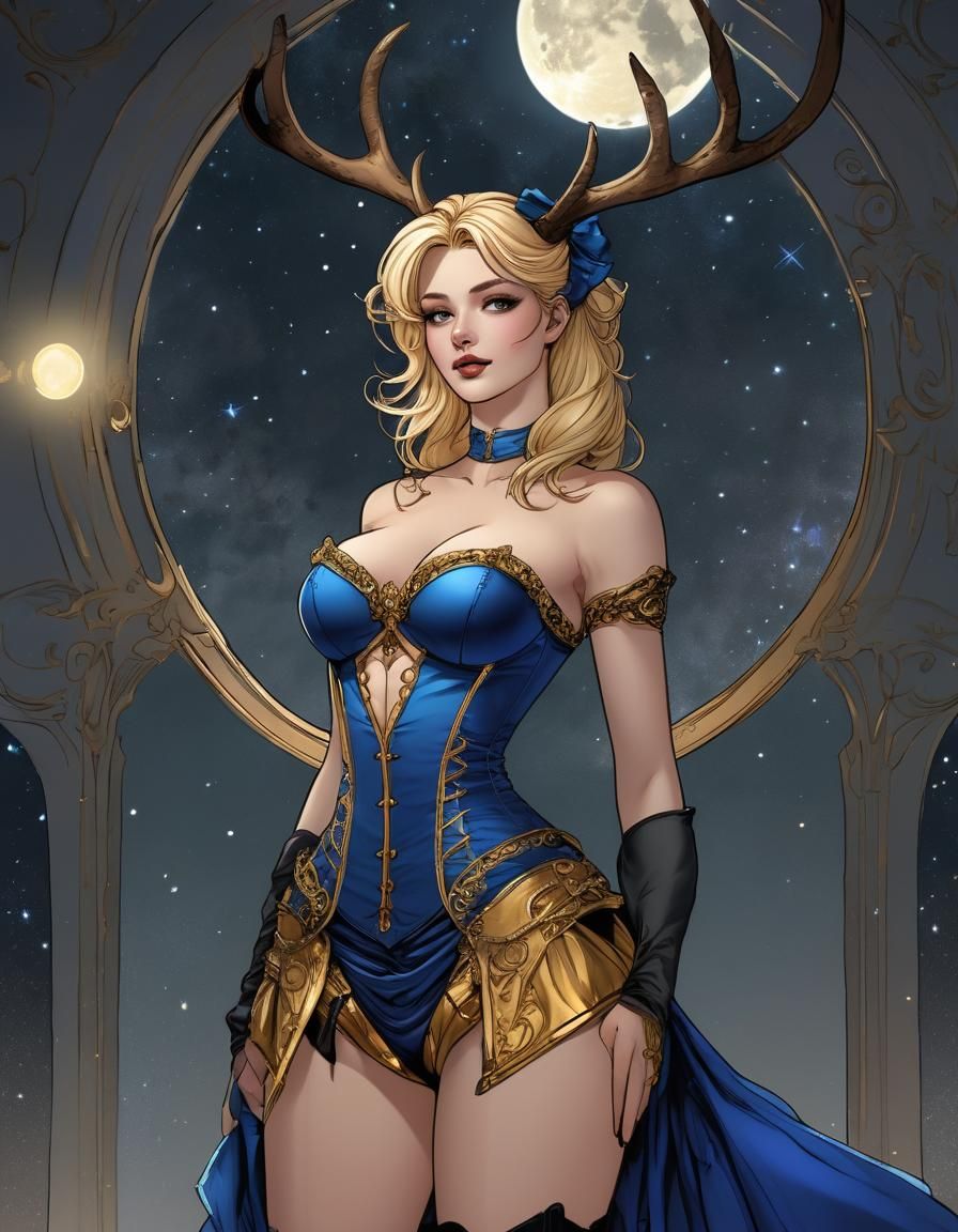 Moonrise: Woman with Antlers in Graphic Novel Style