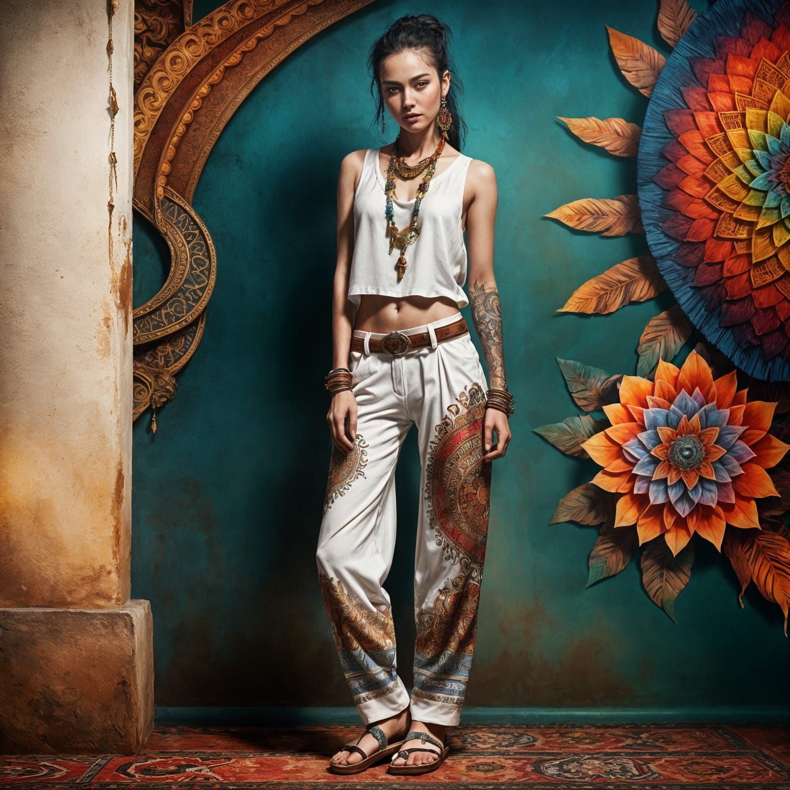 Exotic Fantasy Woman in White Attire with Tribal Tattoo