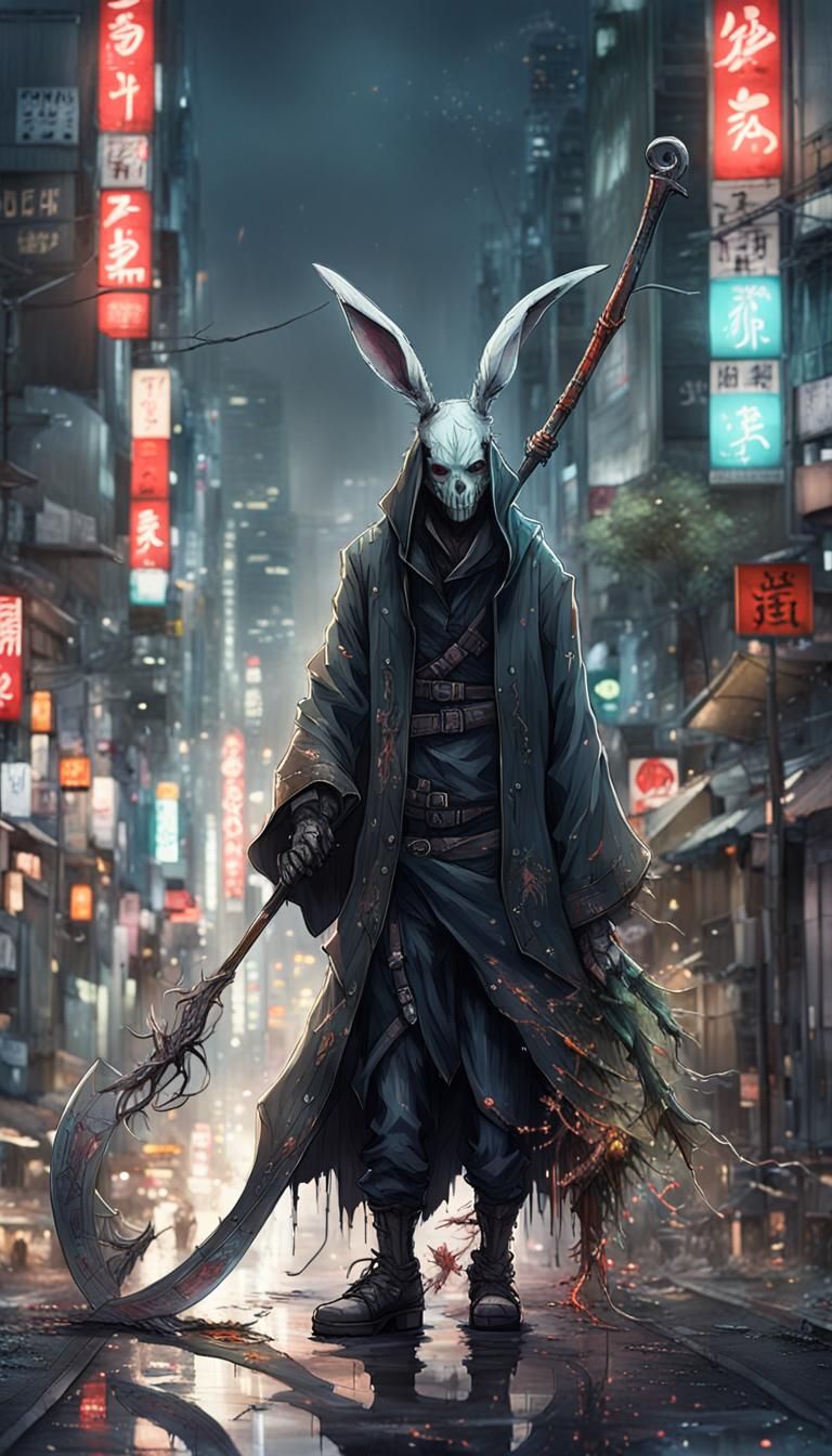Cyberpunk Rabbit Grim Reaper in Tokyo