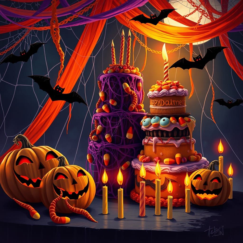 create a birthday scene with a halloween look,
