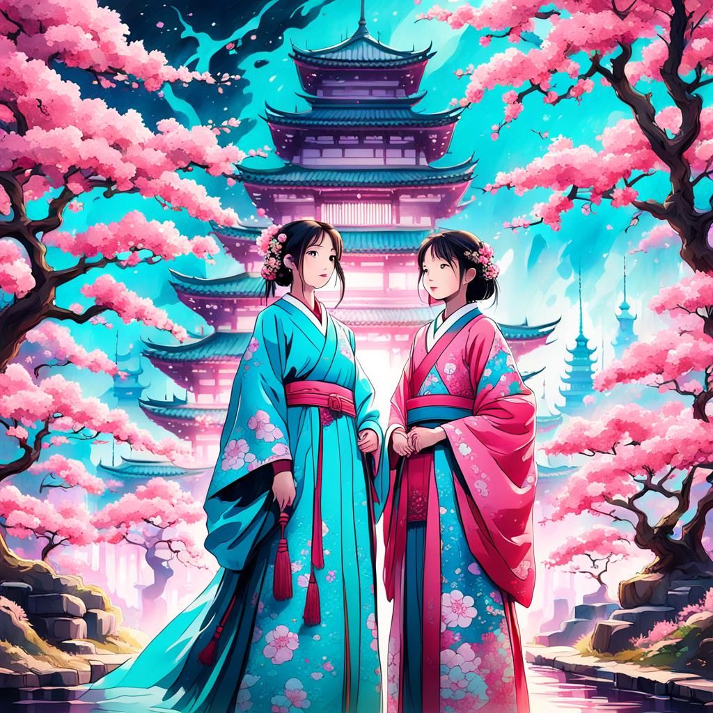 Mystical Japanese Castle with Mother and Daughter