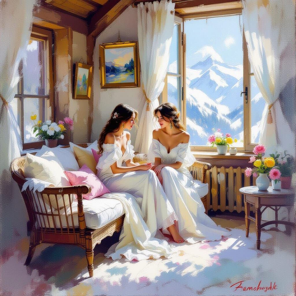 Snowy Mountaintops: Impressionist Rococo Painting