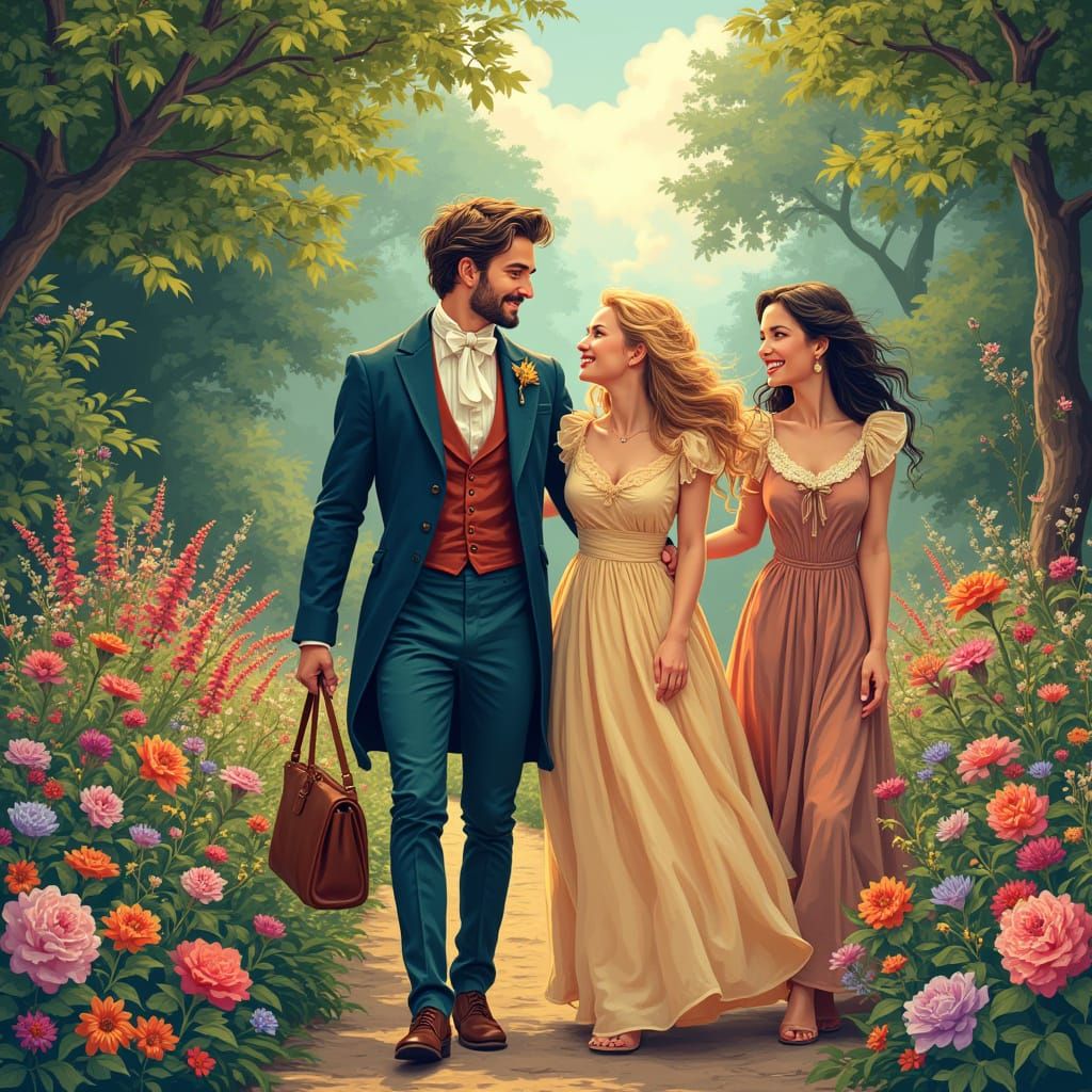 Regency Garden Scene in Abstract Vector Style