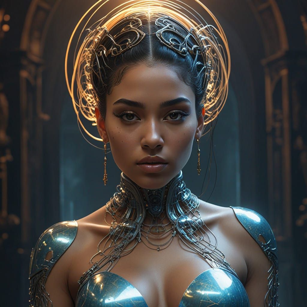 Afrofuturistic Goddess with Biomechanical Curves in Grotesqu...