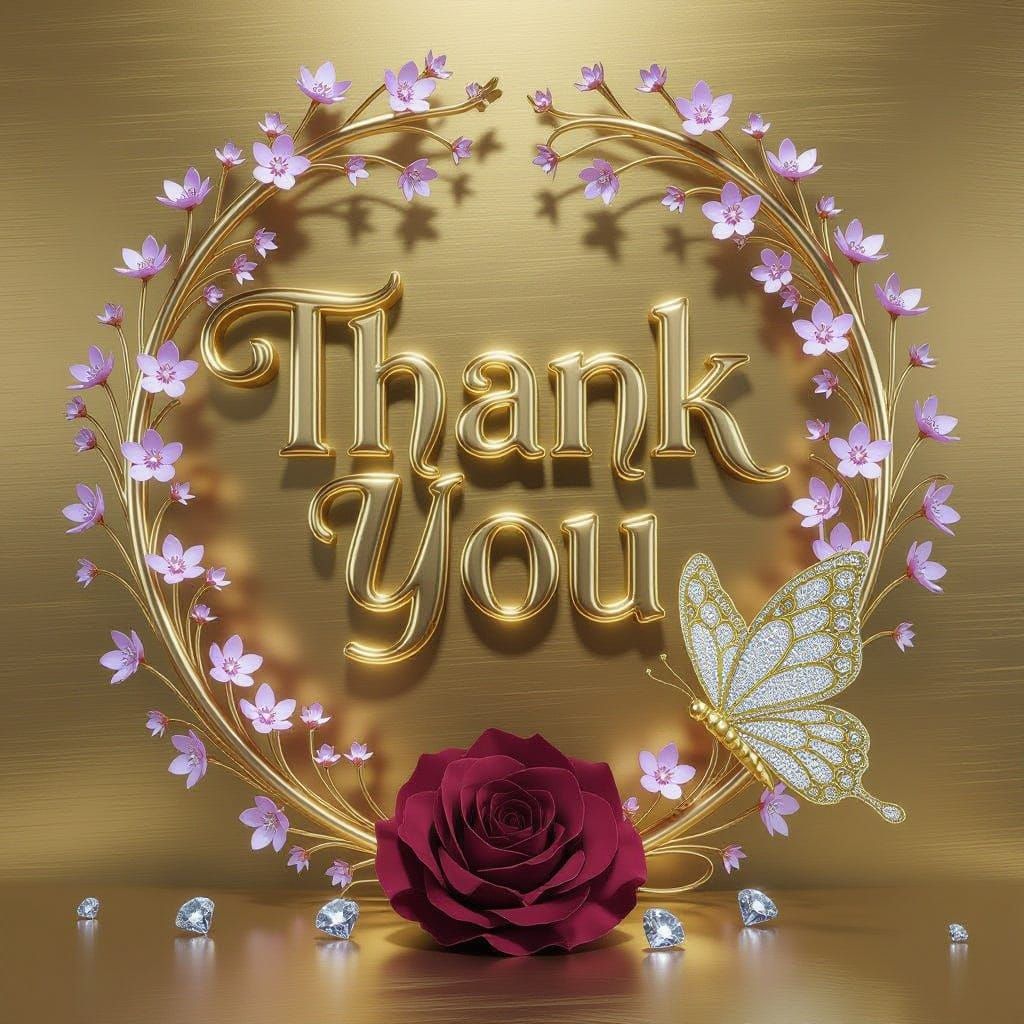 A luxurious 3D render showcasing the ornate phrase "THANK YOU " gleaming, highly polished gold lettering, centered again...