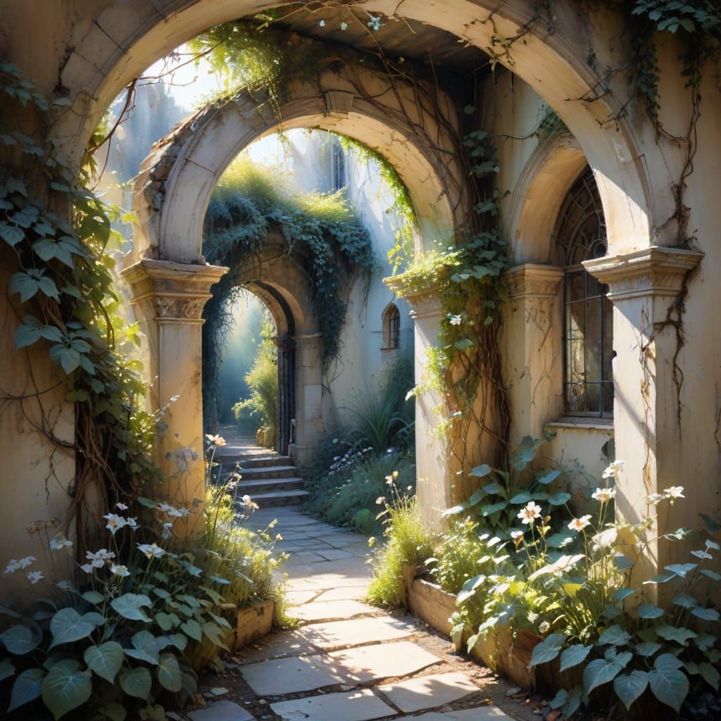 Forgotten Garden Archway in Ethereal Watercolour