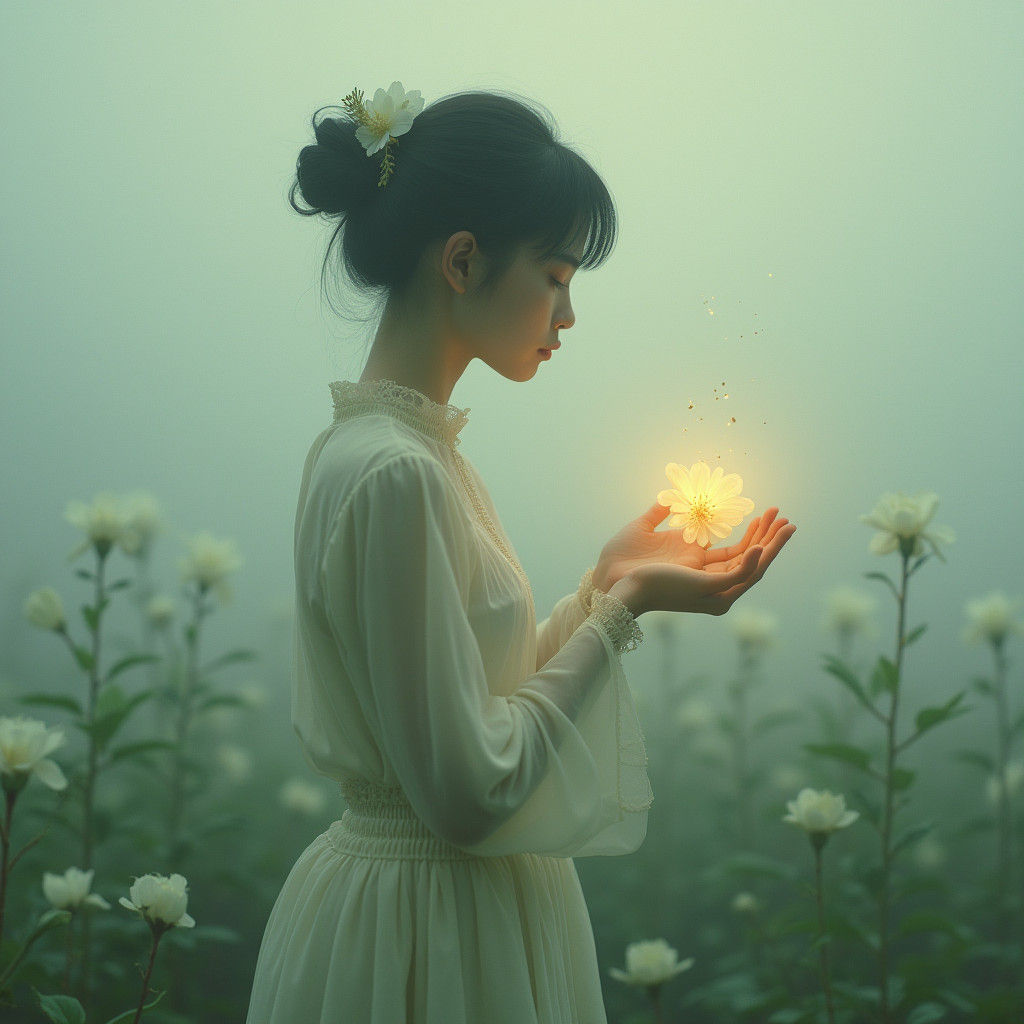 Ethereal Woman with Luminescent Flower in Dreamy Landscape