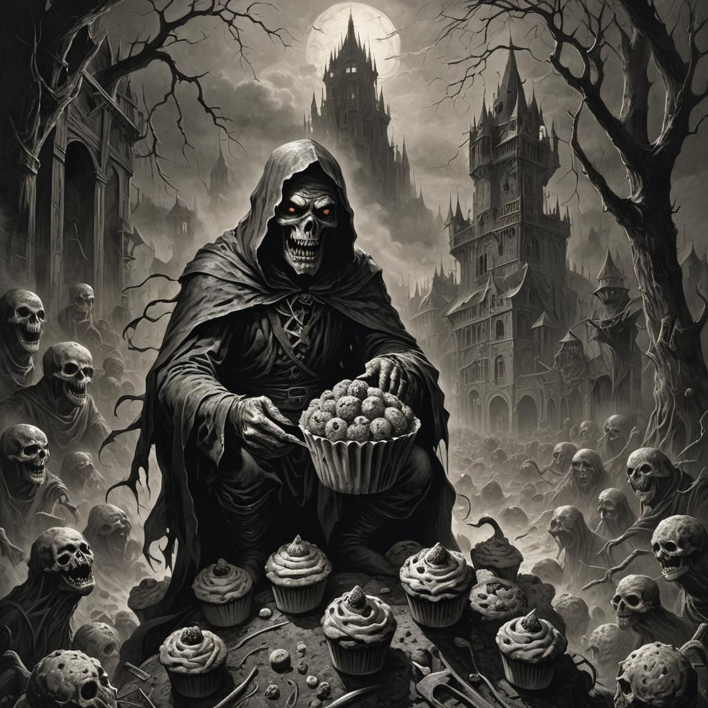 Sinister Muffin in Horror Engraving Style