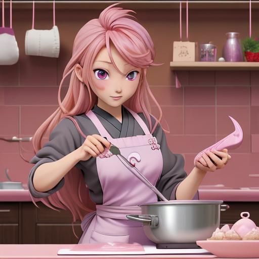 Pink Haired Woman Baking Christmas Cake in Anime Style