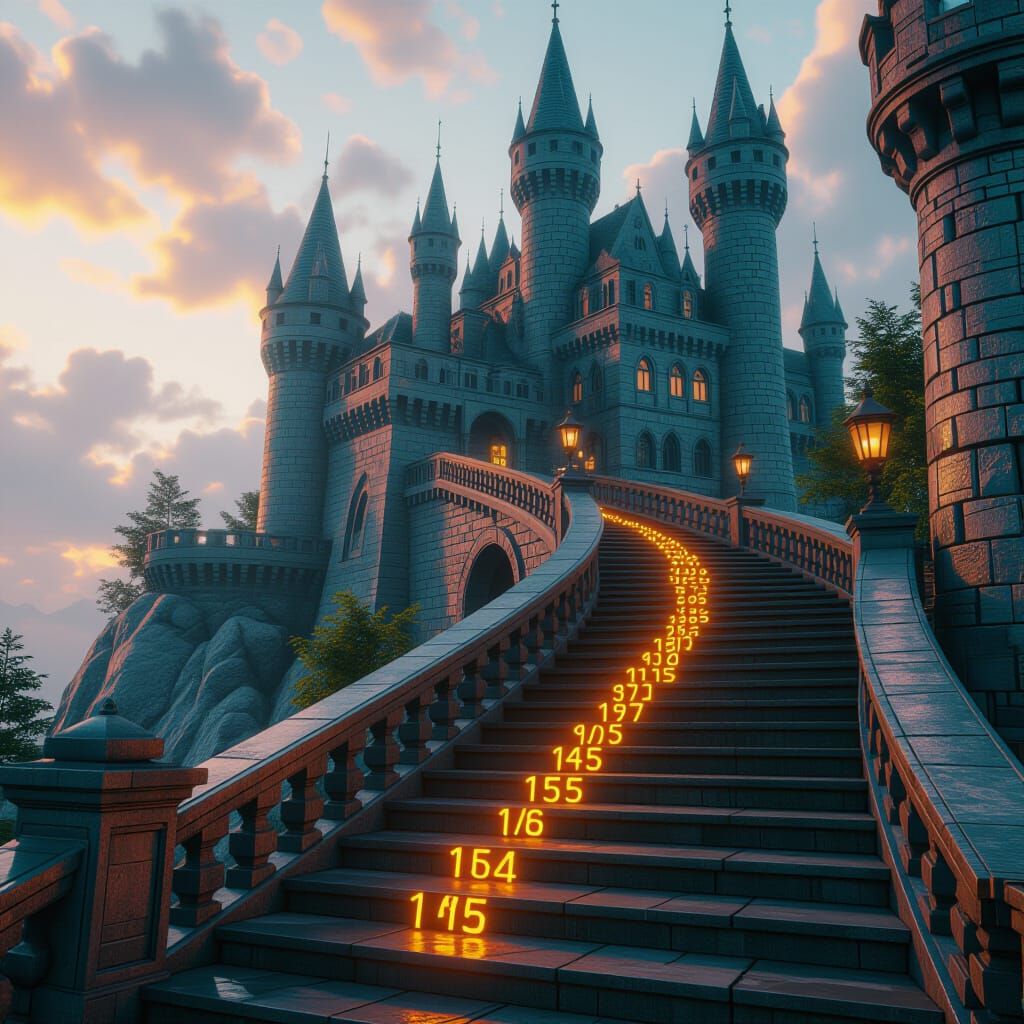Numbers Ascend Stairs to Ancient Castle in Concept Art Style
