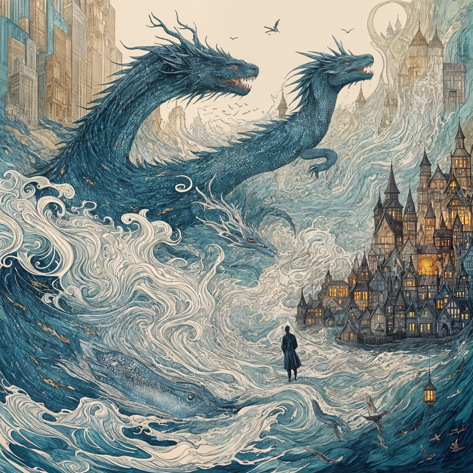 Fantastical Water Dragons Soaring in Azure Ocean