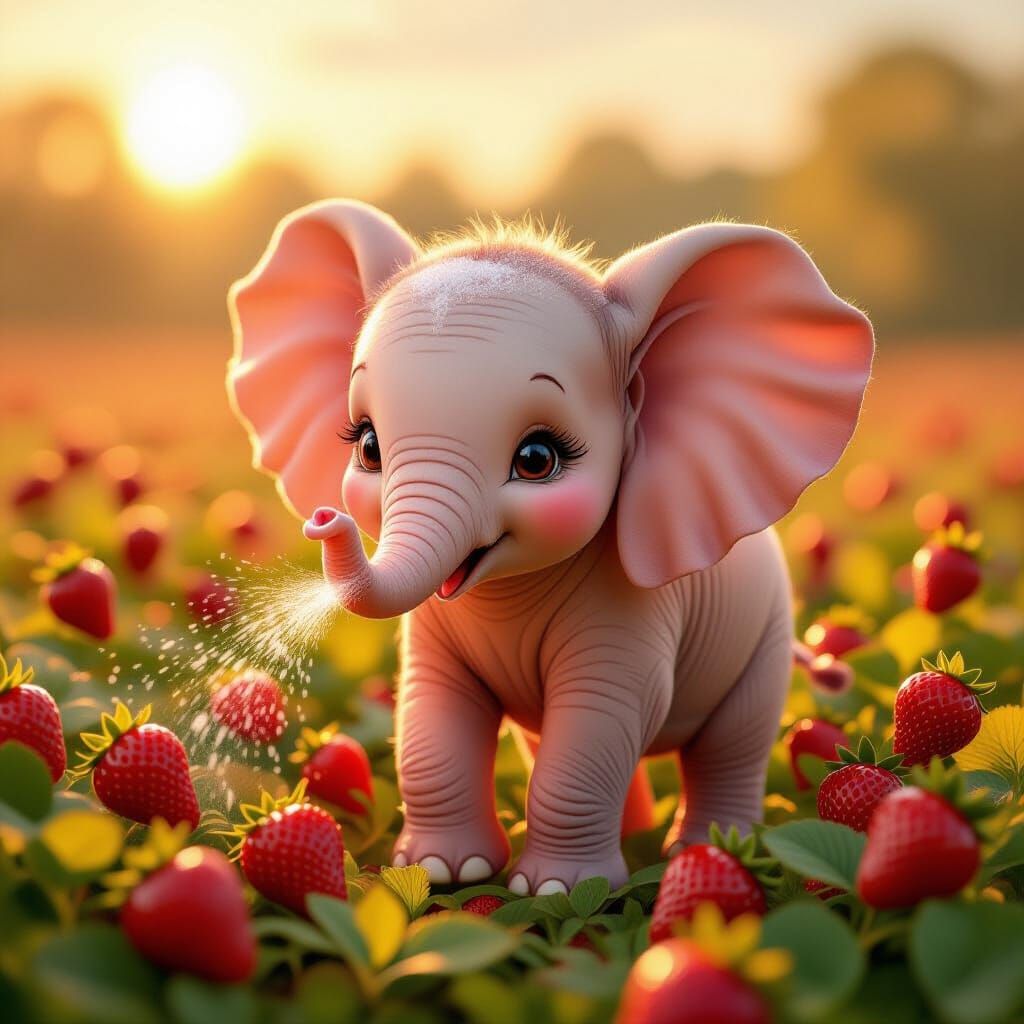 Whimsical Strawberry Elephant in Golden Hour Field