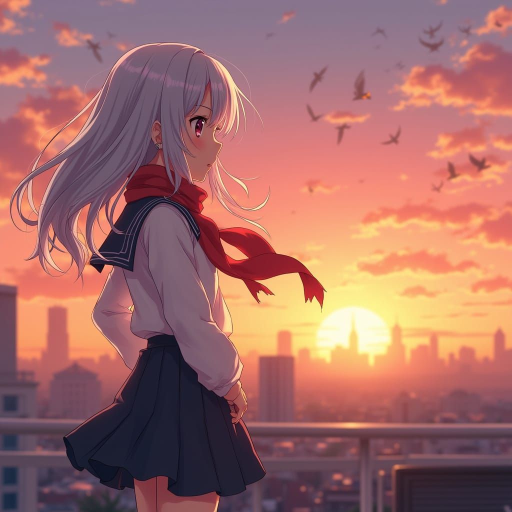 Young Anime Girl Contemplates Sunset Rooftop Moment